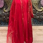 Red Embroidered A-line Kurta with Pants & Organza Dupatta