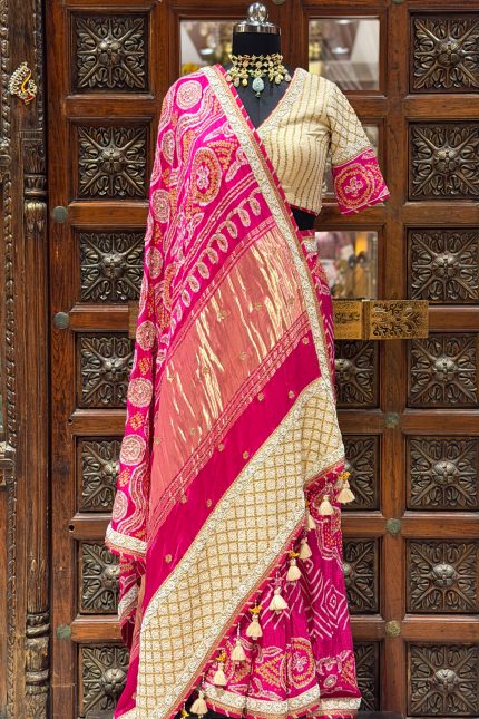 Pink Embroidered Bandhani Saree with Cream Blouse