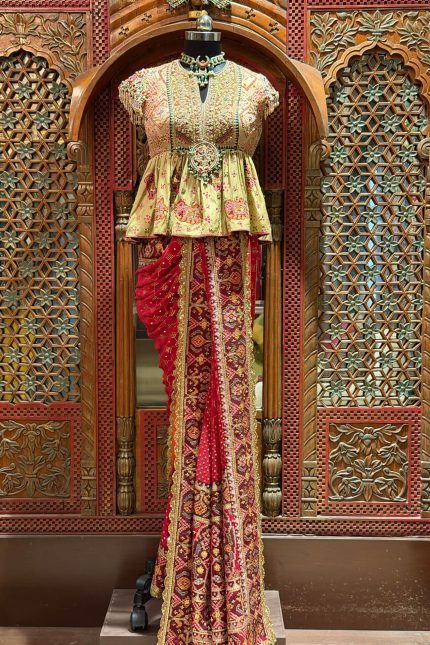 Red with Tarkashi Bandhani Pleated Patola Highlighted Pallu Saree