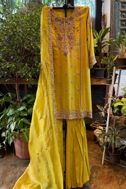 Lime Green Highlighted Yoke Short Kurta with Sharara & Dupatta