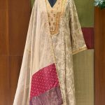 Beige Printed Tissue Embroidered Yoke A-line Kurta with Pant & Dupatta