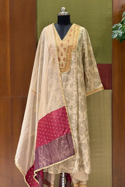 Beige Printed Tissue Embroidered Yoke A-line Kurta with Pant & Dupatta