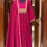 Magenta Pink Embroidered Yoke Gathered A-line Kurta Set