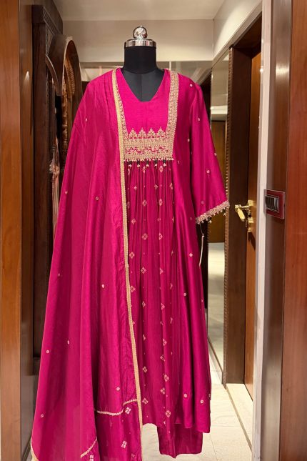 Magenta Pink Embroidered Yoke Gathered A-line Kurta Set