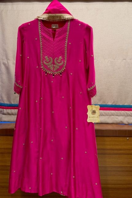 Pink Embroidered U-yoke A-line Kurta Set