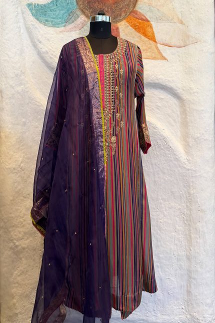 Multi-coloured Stripped Highlighted Yoke Kurta with Pants & Dupatta