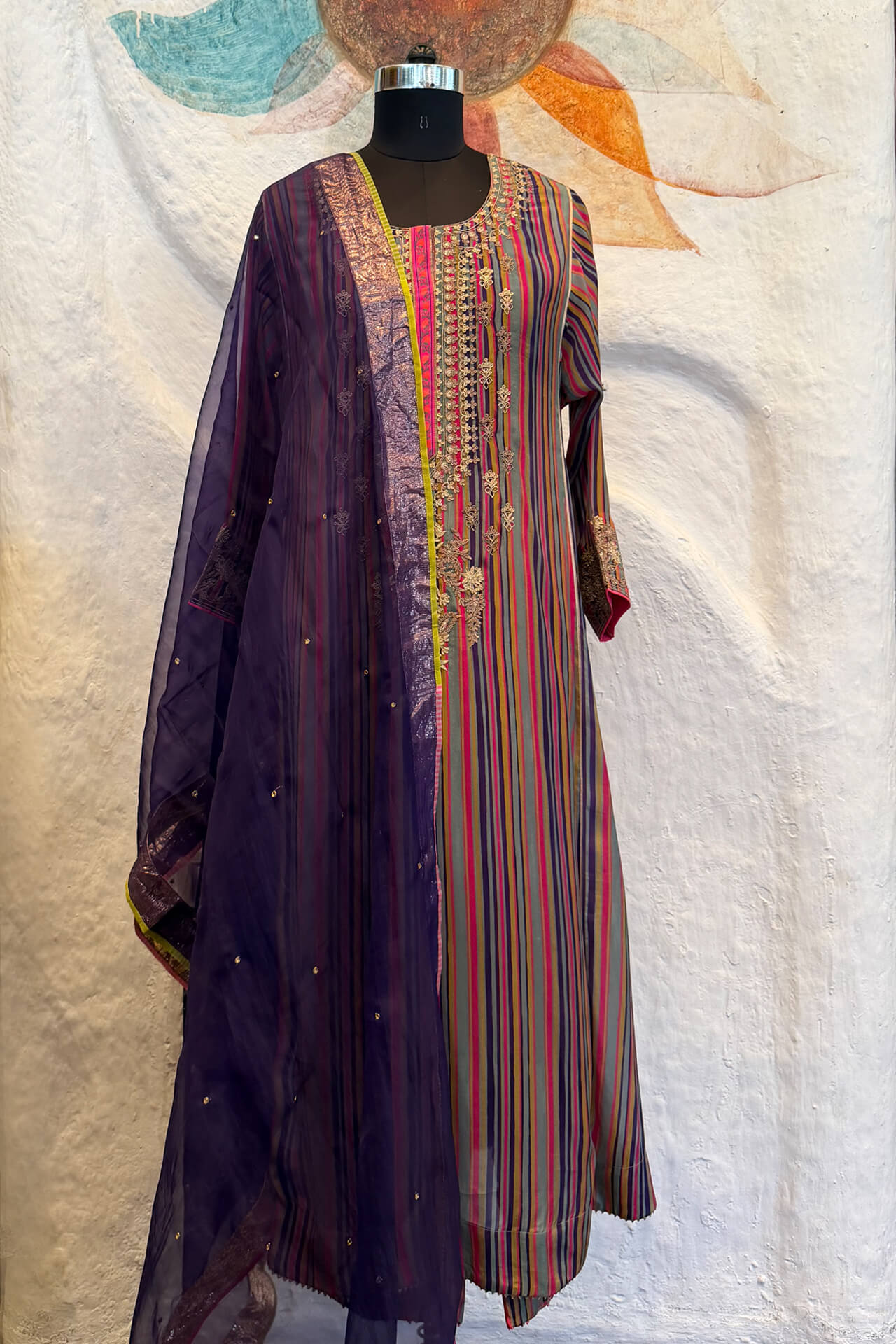 1 Multi-coloured Stripped Highlighted Yoke Kurta with Pants & Dupatta - Image 1