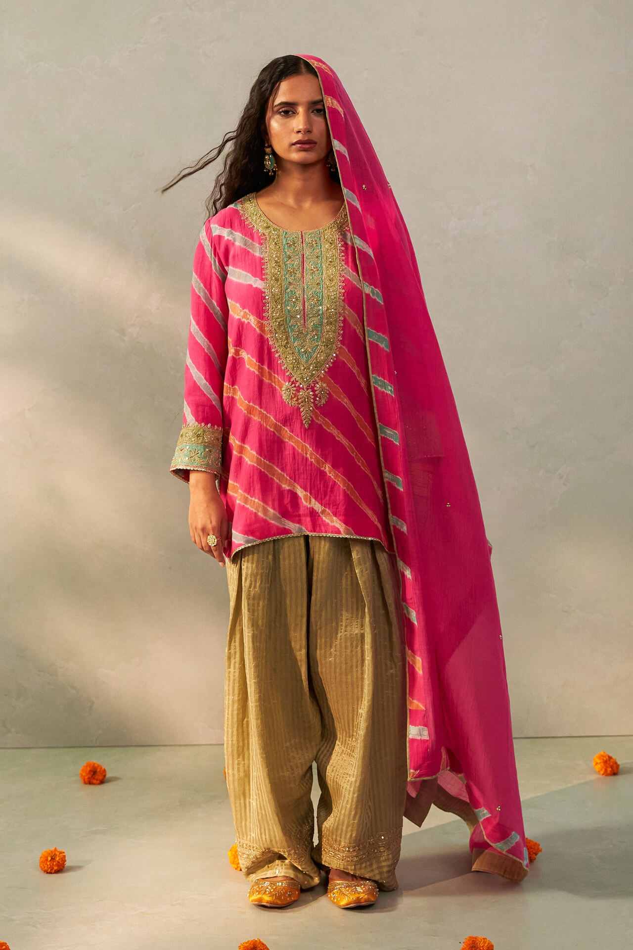 1 Pink Leheriya Printed Embroidered Yoke Short kurta with Salwar & Dupatta - Image 1