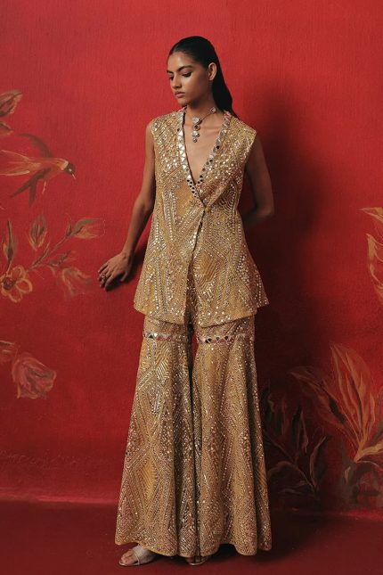 Sleeveless Peplum Jacket with Mirrorwork Sharara
