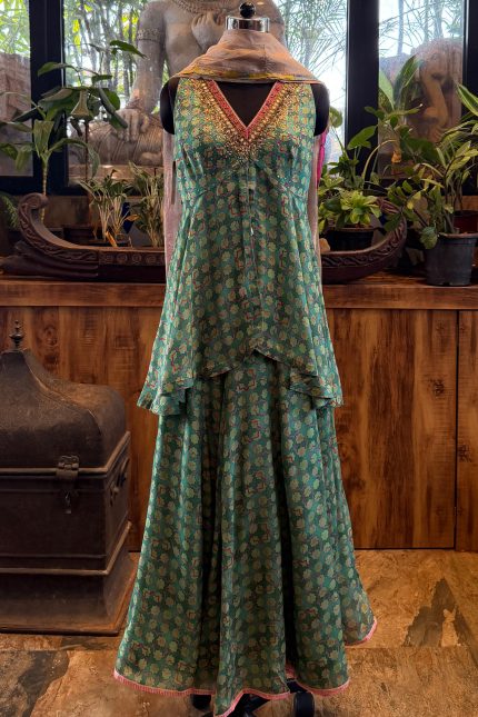 Green Printed V-neck High-low Short Kurta with Flared Palazzos & Beige Tissue Dupatta
