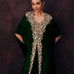 Green Embroidered Yoke Silk Kaftaan with Harrem Pants