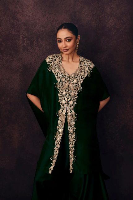 Green Embroidered Yoke Silk Kaftaan with Harrem Pants