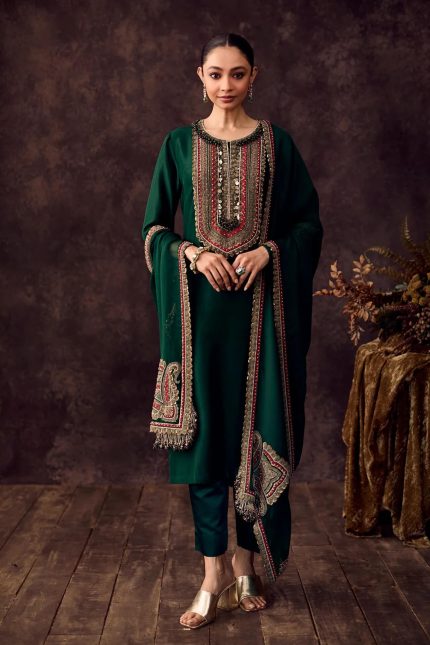 Green Embroidered Yoke Straight Kurta with Pants & Organza Dupatta