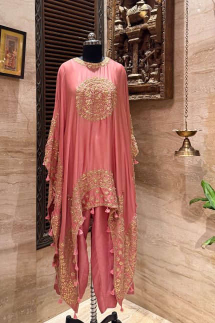 Onion Pink Gota & Tassel Embroidered Kaftan with Pants