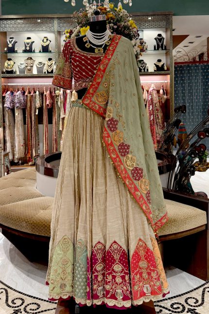 Ivory Highlighted Skirt with Maroon Blouse & Mint Embroidered Dupatta