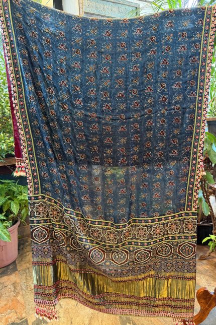 Navy Blue Ajrak Printed Highlighted Dupatta