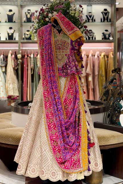 Purple Heavy Embroidered Patola Peplum with Ivory Kota Highlighted skirt with Patola Dupatta