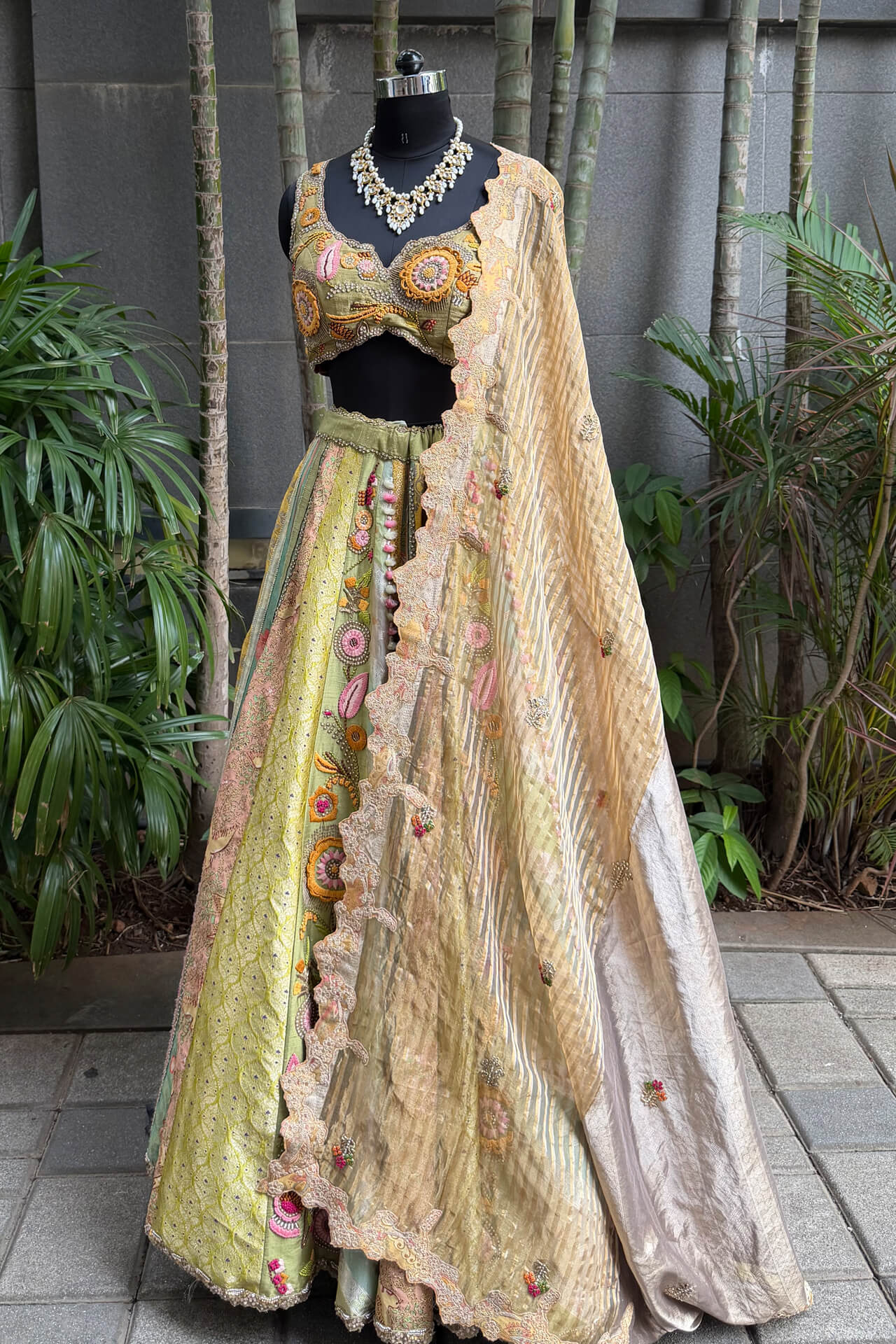 14 Shades of Green Banarasi Multi Pannel Highlighted Lehenga Set - Image 1