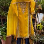 ⁠Bright Yellow Highlighted Yoke Flared Short kurta with Violet Pants & Dupatta