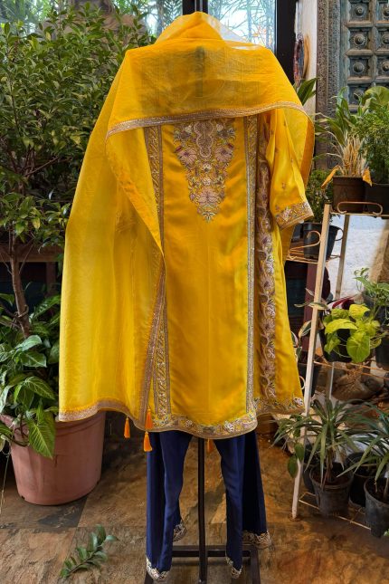 ⁠Bright Yellow Highlighted Yoke Flared Short kurta with Violet Pants & Dupatta