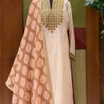 Off-white Printed Embroidered Yoke A-line Kurta with Pant & Printed Dupatta