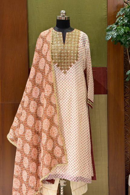 Off-white Printed Embroidered Yoke A-line Kurta with Pant & Printed Dupatta