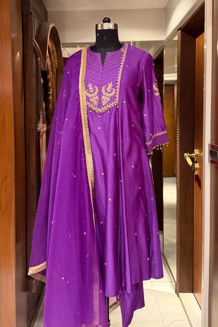 Purple Embroidered Yoke A-line Kurta Set