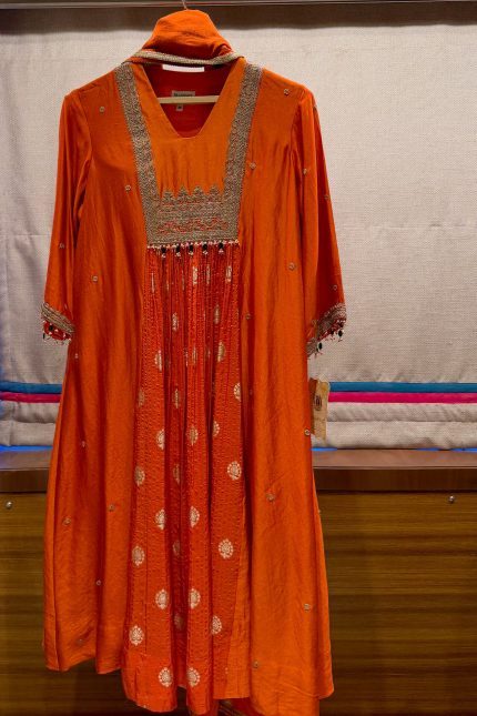 Orange Embroidered Yoke Gathered A-line Kurta Set