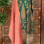 Bottle Green Highlighted Banarasi Kurta With Straight Pants & Dupatta