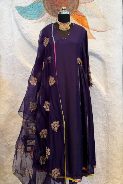 Violet V-Neck Side Gathered Long Flared Kurta with Pants & Dupatta