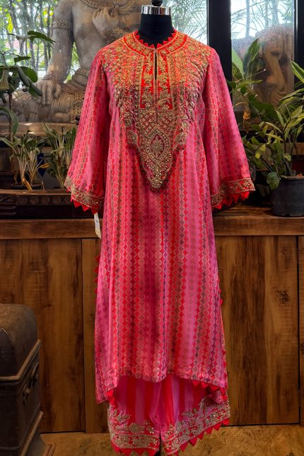 Pink Multi-Printed Embroidered Yoke Long Kurta with Pants