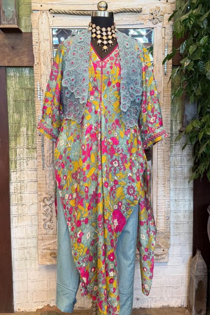 Ocean Blue & Pink Floral Printed Kurta with Pants & Short Cutwork Jacket