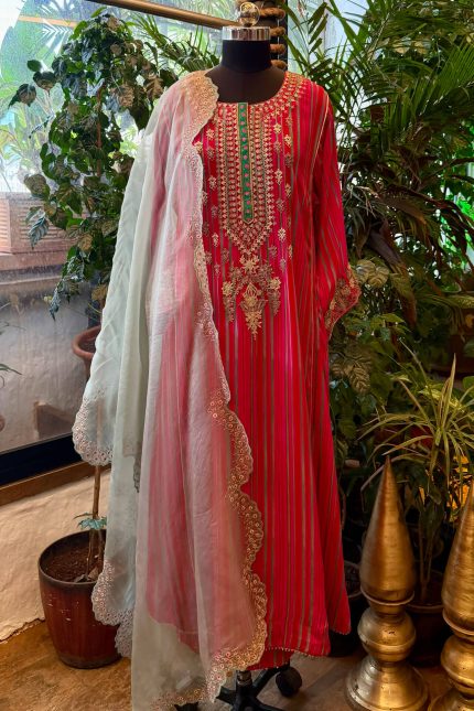 Shades of Pink with Multi-coloured Stripped Kurta with Pants & Dupatta