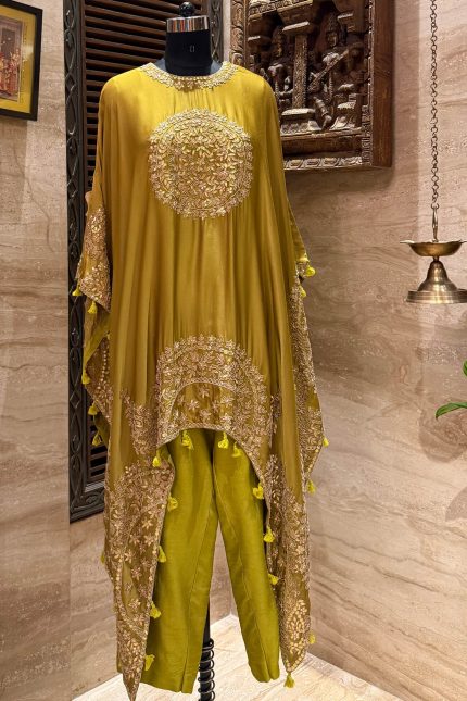 Lime Green Gota & Tassel Embroidered Kaftan with Pants