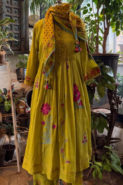 Lime Green Printed Pleated Yoke Kurta & Pants
