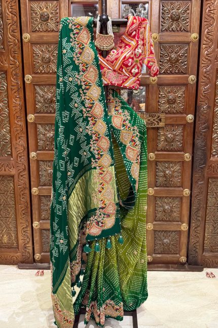 Bottle Green Highlighted Bandhani Saree
