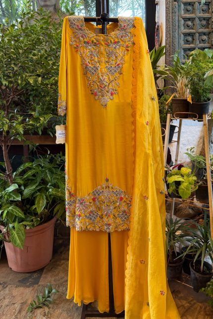 Mustard Yellow Highlighted Kurta with Palazzo & Dupatta