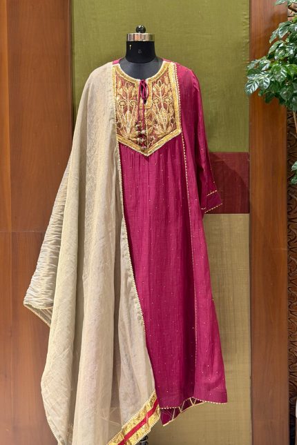 Wine Embroidered Yoke A-line Kurta with Pant & Beige Dupatta