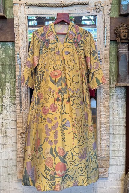 Mustard Yellow V-Neck Floral Printed Long Dress