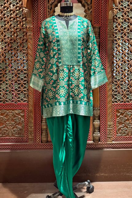 Bottle Green Banarasi Kurta with Dhoti Pants
