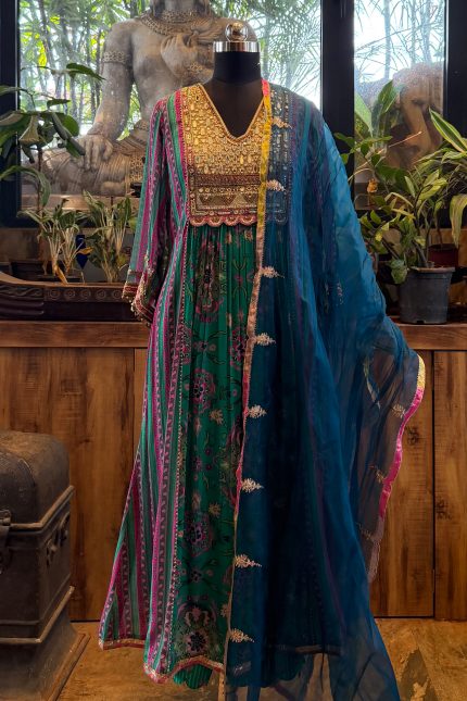 Navy Blue Embroidered Yoke Printed Kurta with Pants & Dupatta
