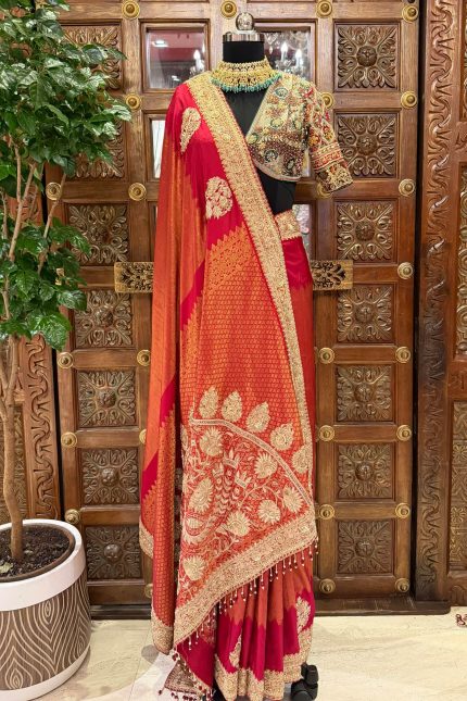 Red with Orange Heavy Embroidered Border Highlighted Pallu Banarasi Saree