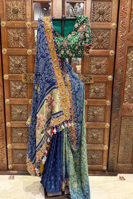 Royal Blue with Green Ombre Bandhani Highlighted Saree