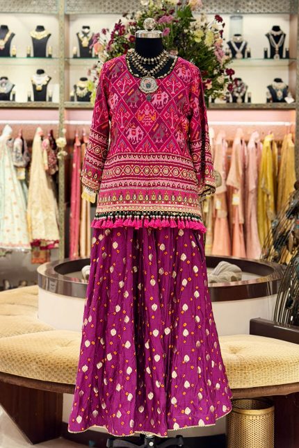 Pink & Purple Embroidered Short Kurta with Bandhani Skirt