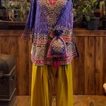 Purple V-neck Embroidered Patola Short Kurta with Farshi Salwar & Potli