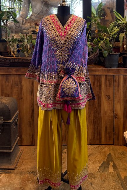 Purple V-neck Embroidered Patola Short Kurta with Farshi Salwar & Potli