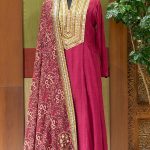 Wine Embroidered Yoke A-line Kurta with Pant & Printed Dupatta