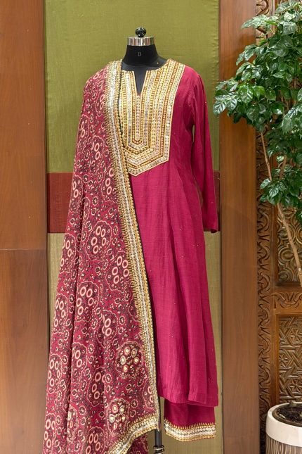 Wine Embroidered Yoke A-line Kurta with Pant & Printed Dupatta