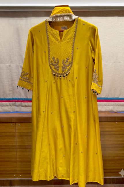 Yellow Embroidered U-Yoke A-line Kurta Set