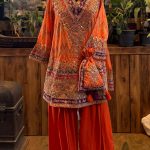 Orange V-neck Embroidered Patola Short Kurta with Farshi Salwar & Potli